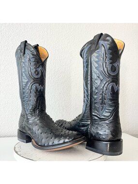 Rod Patrick Mens Cowboy Boots Black Ostrich Leather Western Round Toe 13.5AA